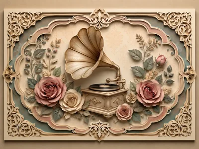 Vintage Gramophone Surrounded By Elegant Paper Roses