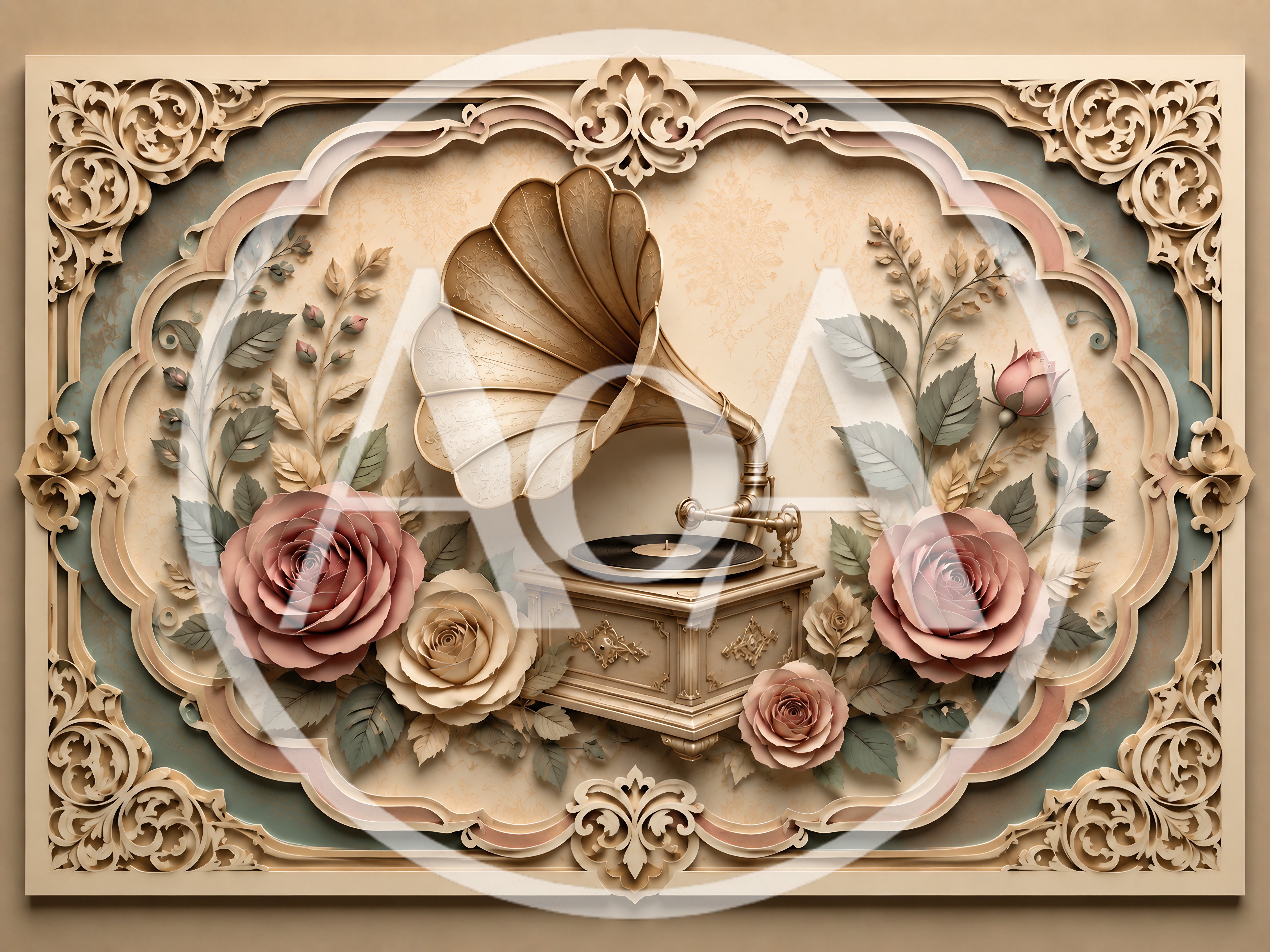 Vintage Gramophone Surrounded By Elegant Paper Roses