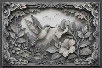Hummingbird Hovering Near Hibiscus Flowers Paper Cutout