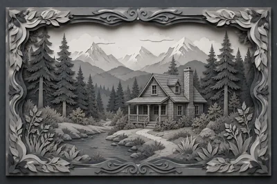 Paper Cutout Style Mountain Cabin Landscape