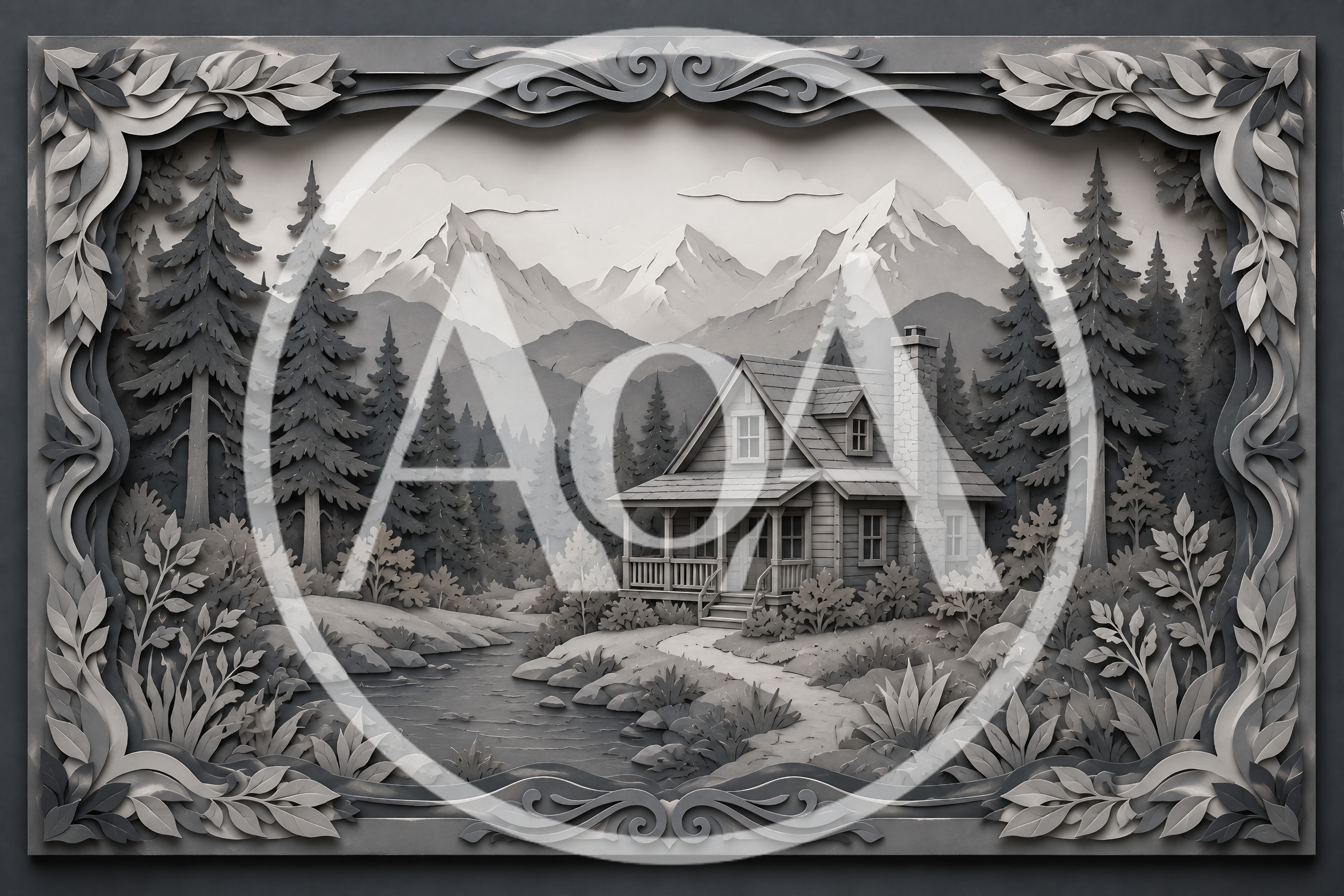 Paper Cutout Style Mountain Cabin Landscape