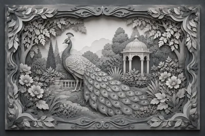 Intricate Peacock Relief Sculpture In A Garden Setting
