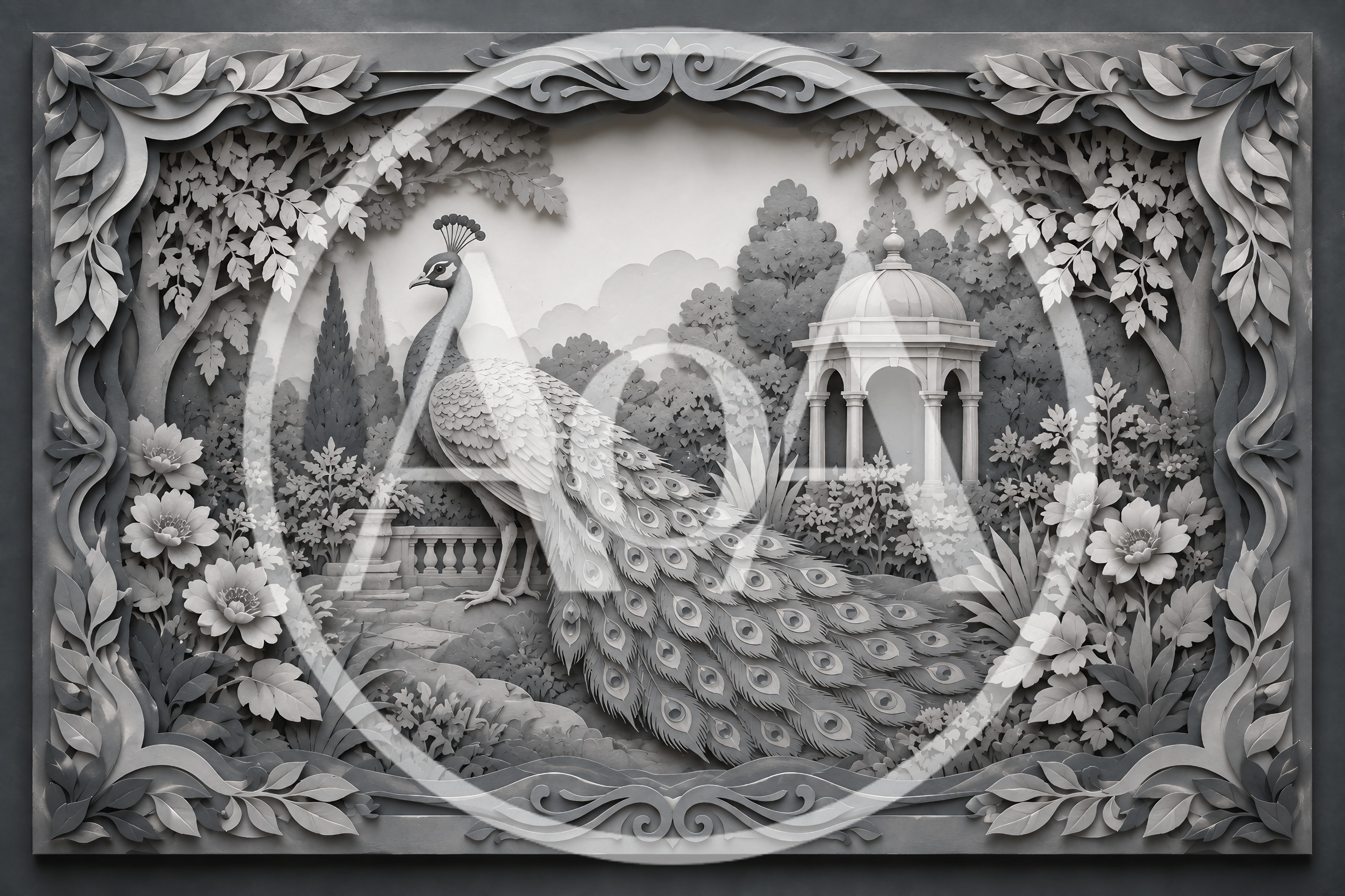 Intricate Peacock Relief Sculpture In A Garden Setting
