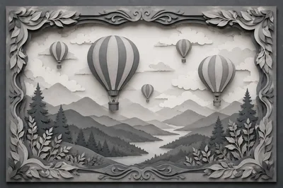 Paper Cutout Style Hot Air Balloons Over Mountain Landscape