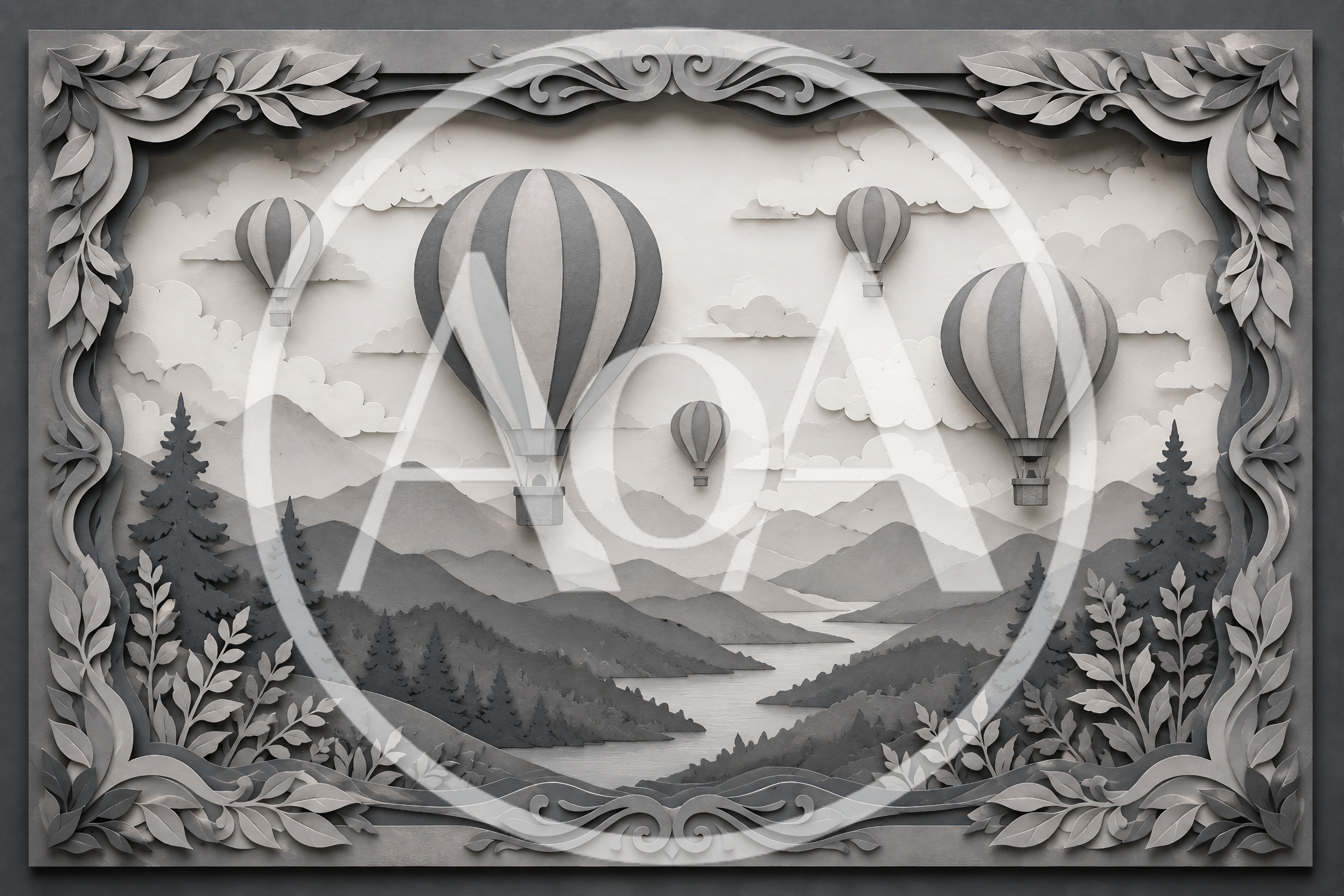 Paper Cutout Style Hot Air Balloons Over Mountain Landscape