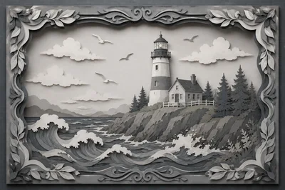 Paper Cutout Style Lighthouse Coastal Landscape Illustration