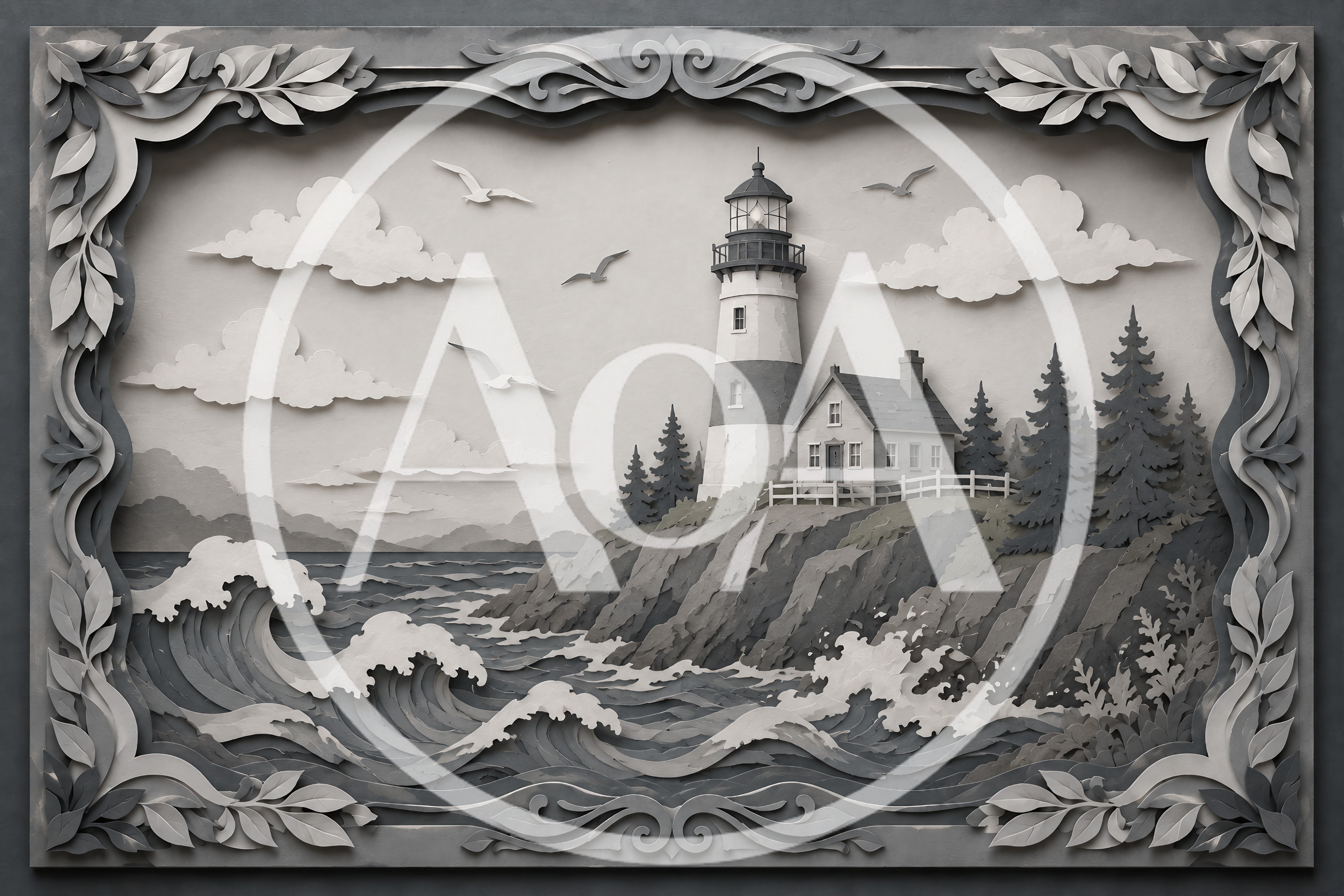 Paper Cutout Style Lighthouse Coastal Landscape Illustration