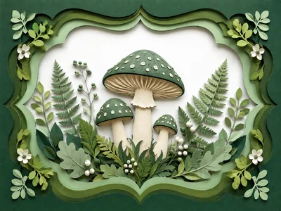 Paper Cutout Style Illustration of Green Mushrooms