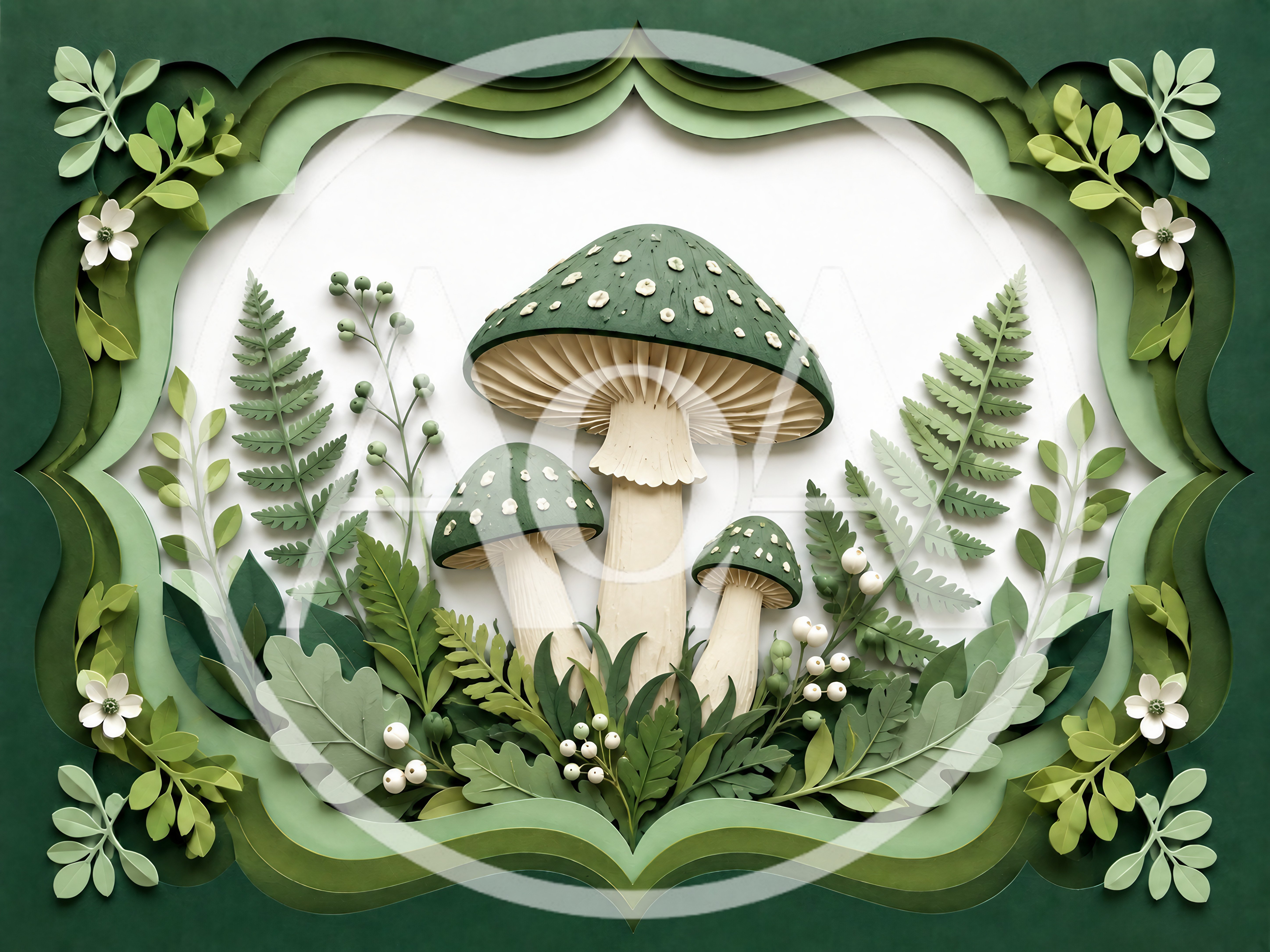 Paper Cutout Style Illustration of Green Mushrooms