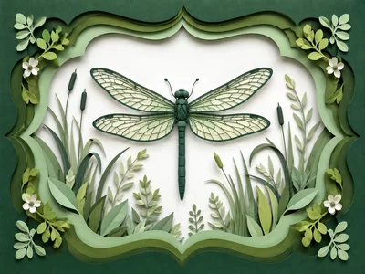 Paper Cutout Dragonfly Illustration With Botanical Frame