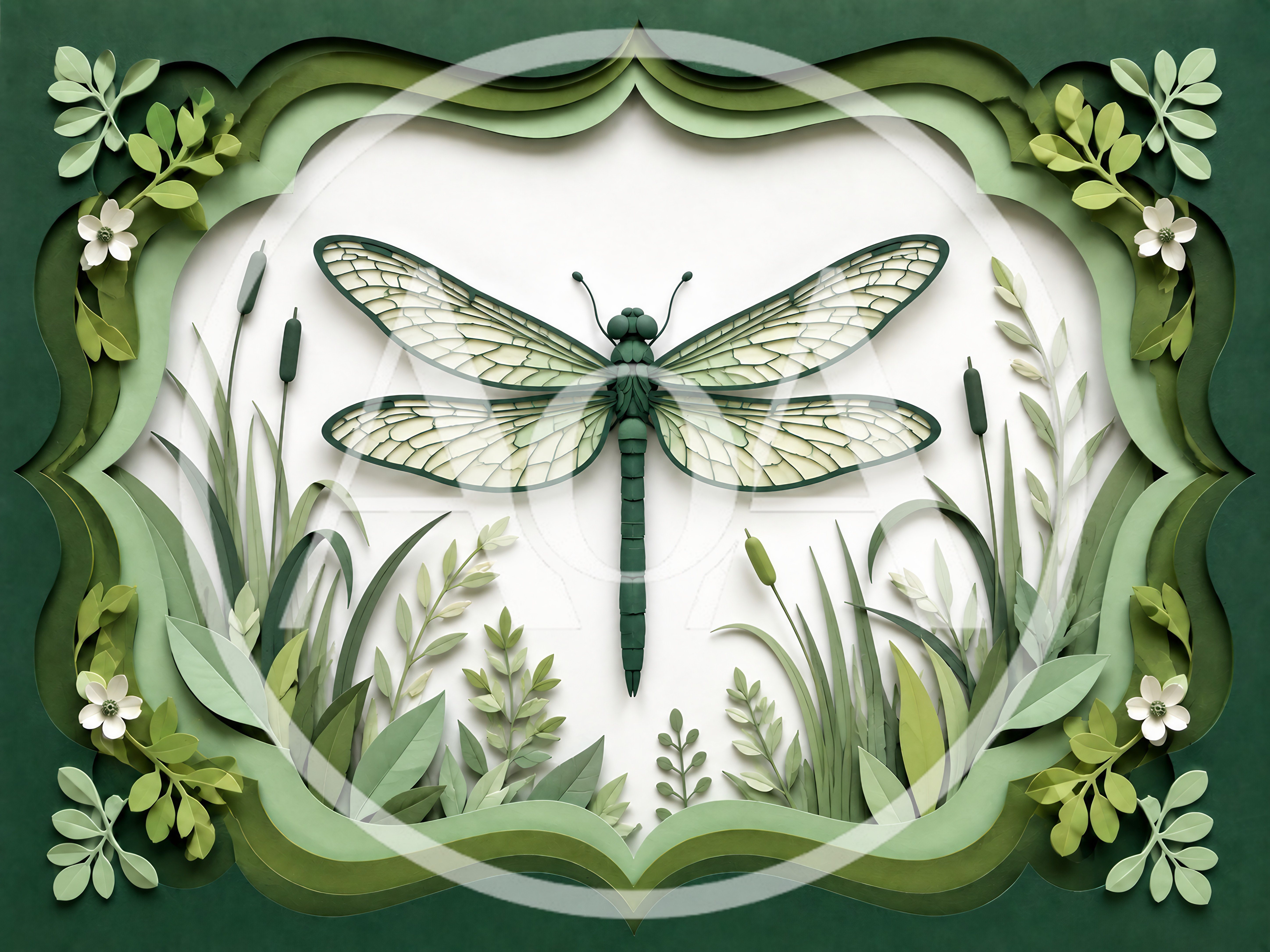 Paper Cutout Dragonfly Illustration With Botanical Frame