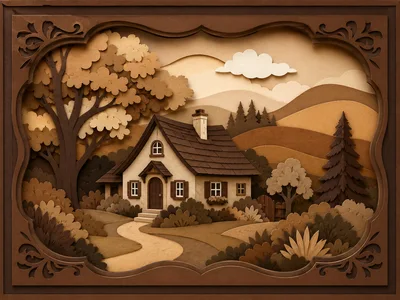 Paper Cutout Style Illustration Of A Cozy Cottage