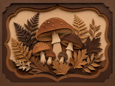 Paper Cutout Illustration Of Forest Mushrooms And Foliage