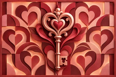 Ornate Heart Shaped Key On Decorative Red Background