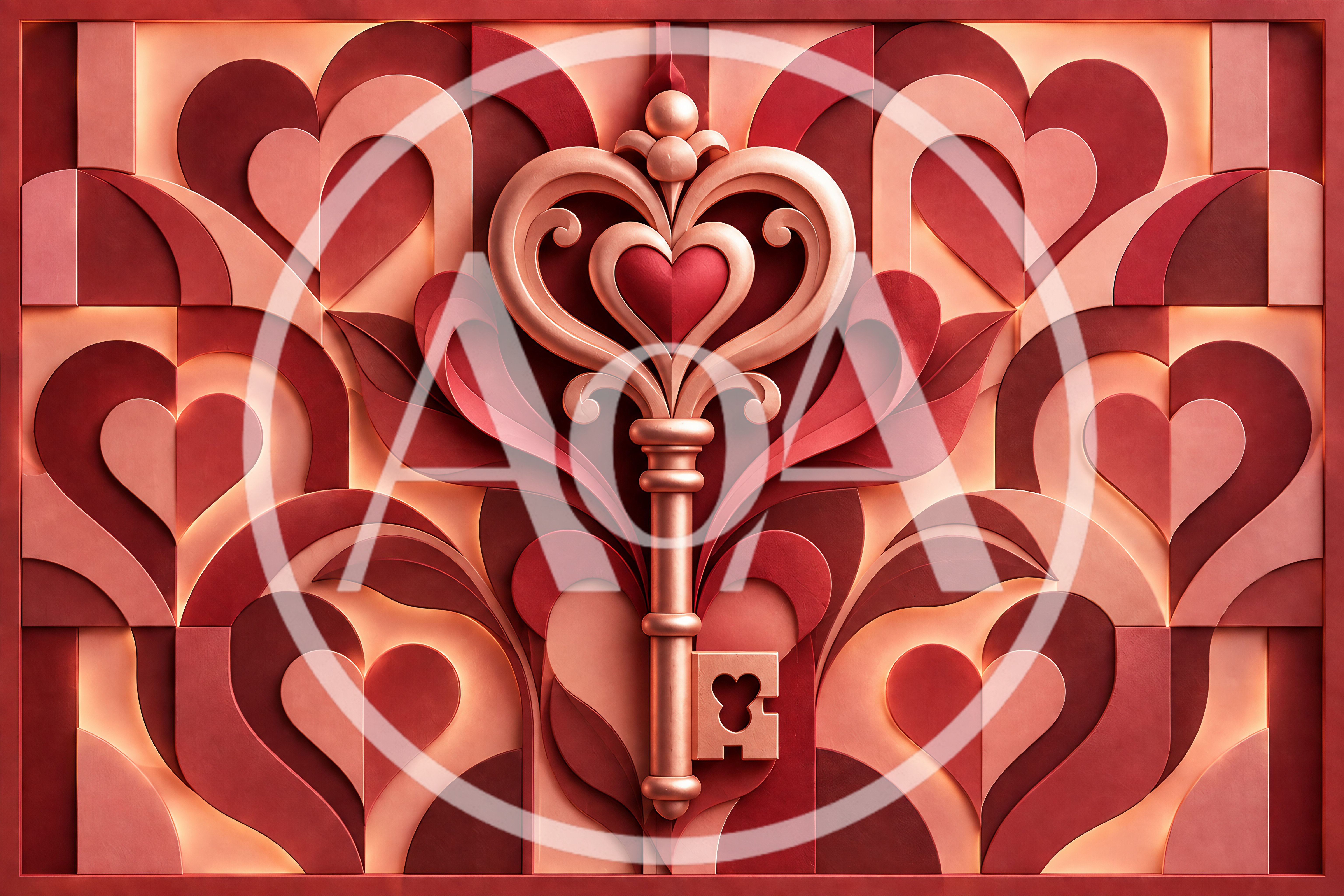 Ornate Heart Shaped Key On Decorative Red Background