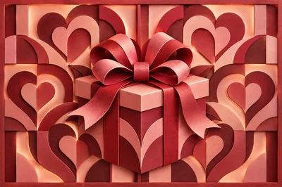 Red Gift Box With Bow On Heart Pattern Background