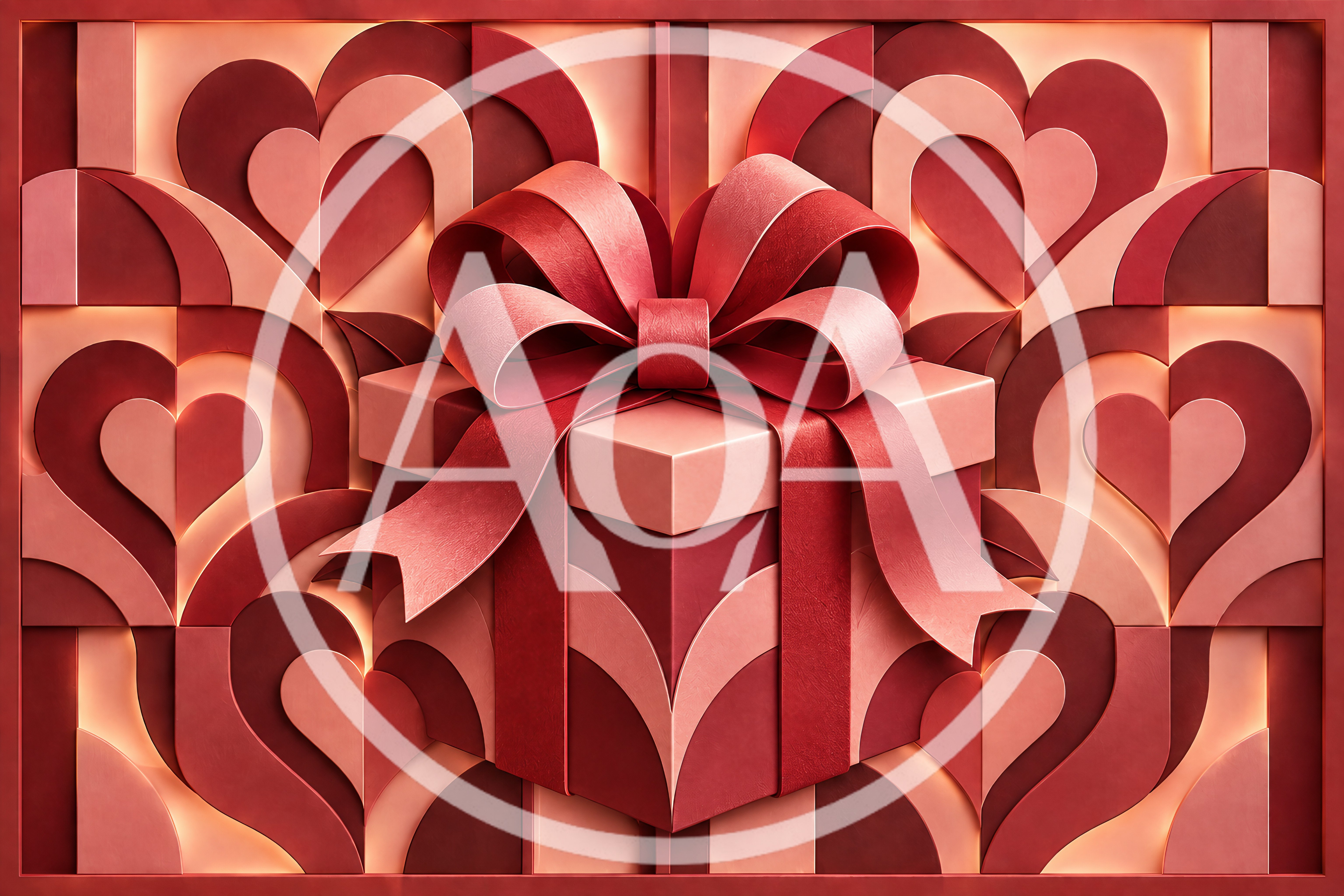 Red Gift Box With Bow On Heart Pattern Background