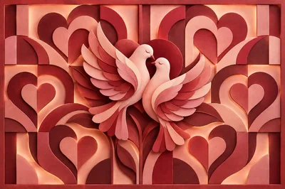 3D Paper Cutout Art Of Two Doves With Hearts