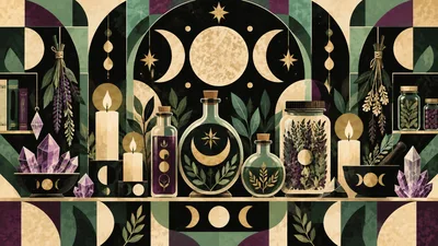 Witchcraft Altar With Magical Potions And Crystals