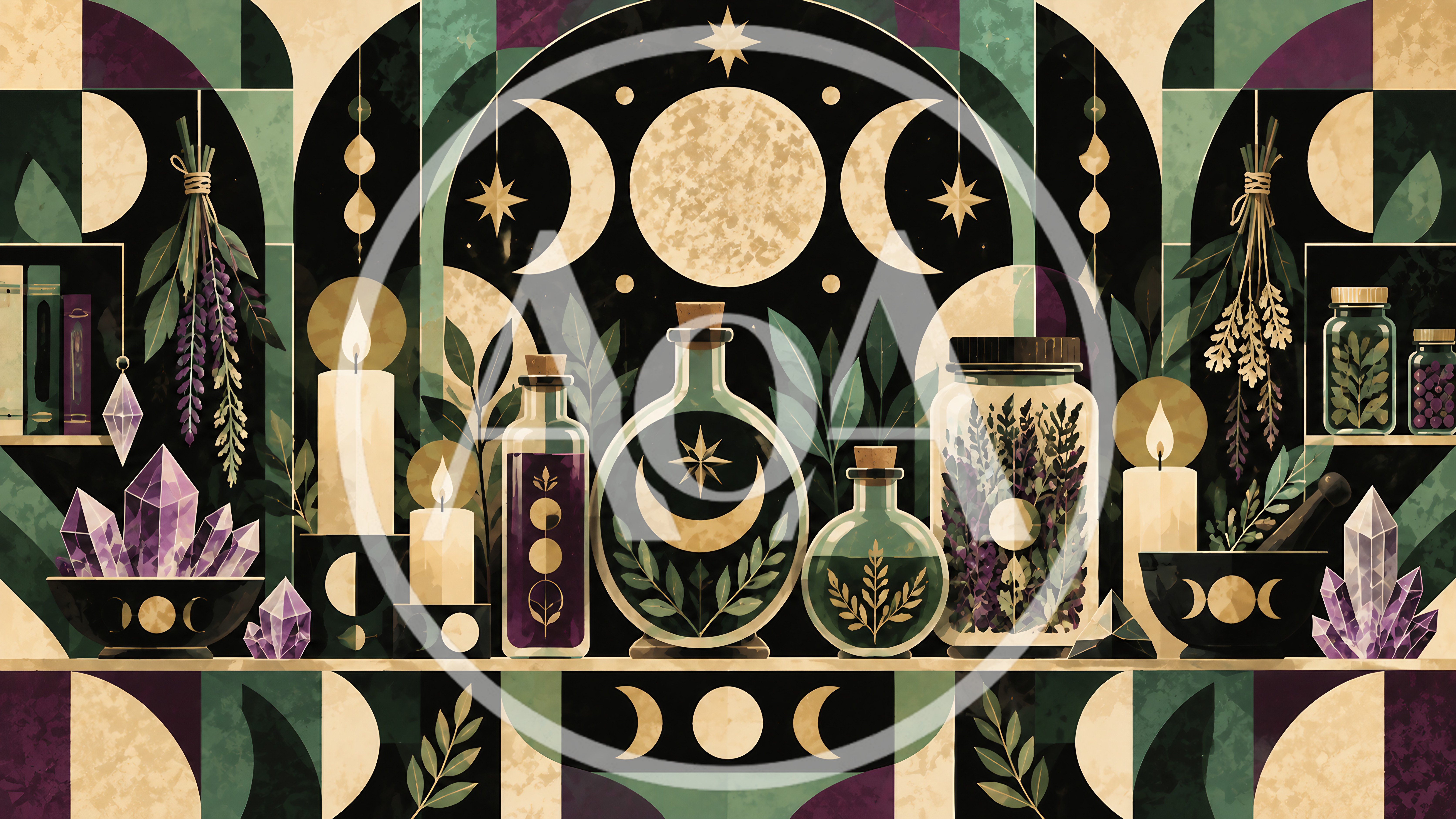 Witchcraft Altar With Magical Potions And Crystals