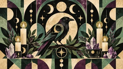 Art Deco Raven Illustration With Celestial Elements