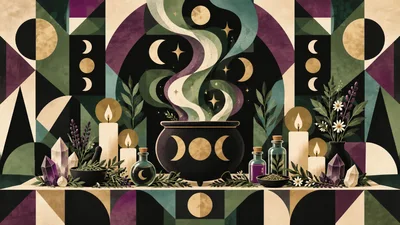Witchcraft Altar With Cauldron And Magical Ingredients