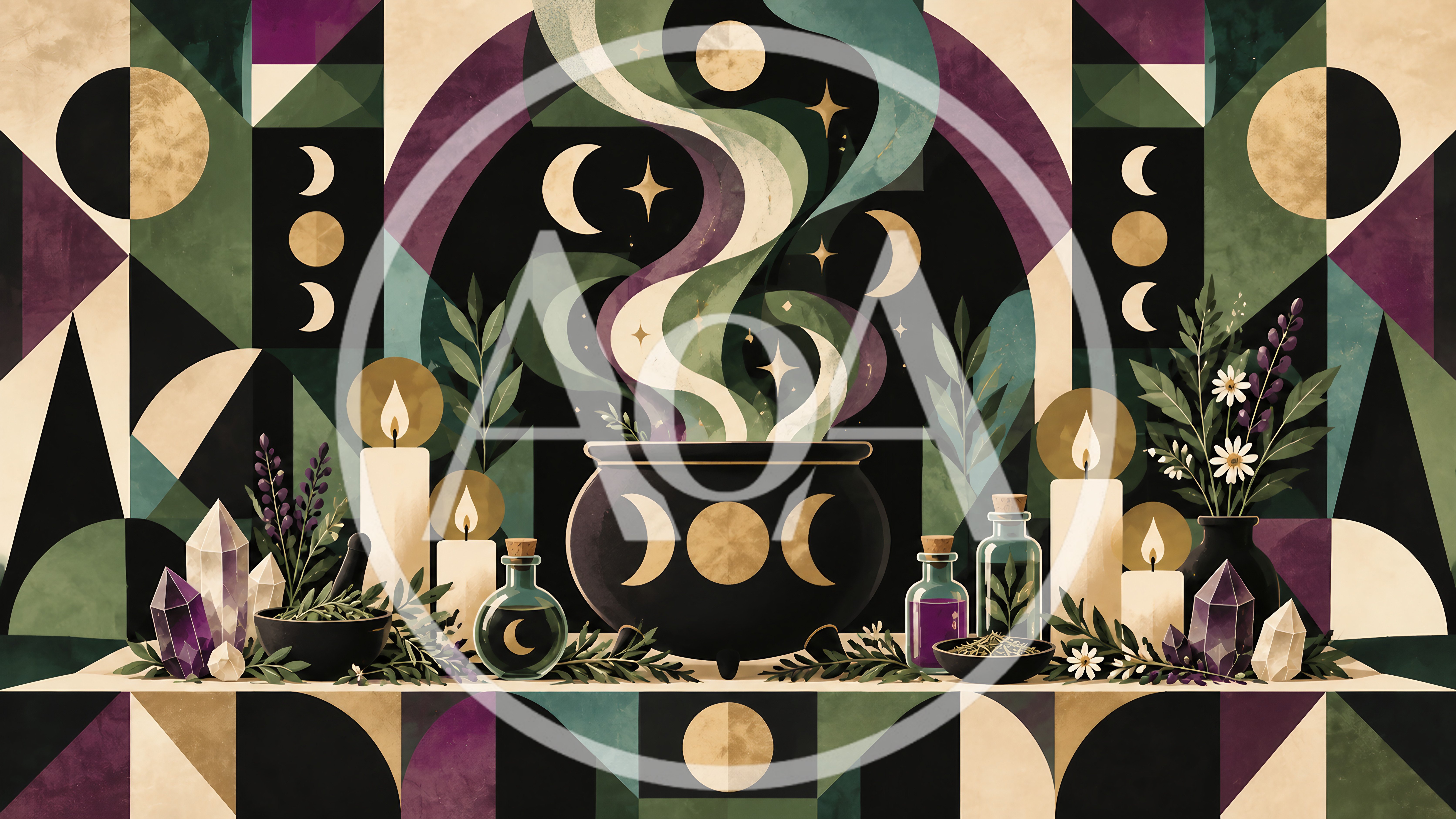 Witchcraft Altar With Cauldron And Magical Ingredients