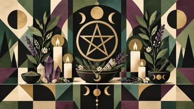 Wiccan Altar Setup With Pentagram And Ritual Candles