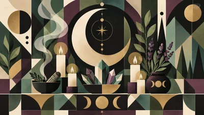 Geometric Witchcraft Altar With Crystals And Candles