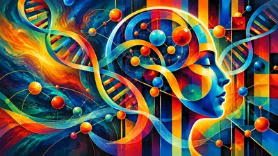 Abstract Human Profile With DNA Helix And Molecular Structures