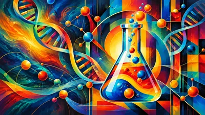 Abstract Science Concept With DNA Helix And Laboratory Flask