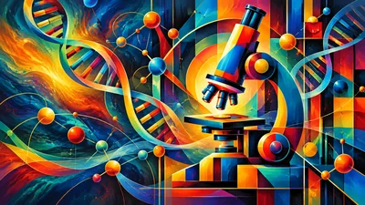 Abstract Scientific Microscope And DNA Helix Illustration