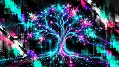 Digital Circuitry Tree With Glowing Neon Nodes