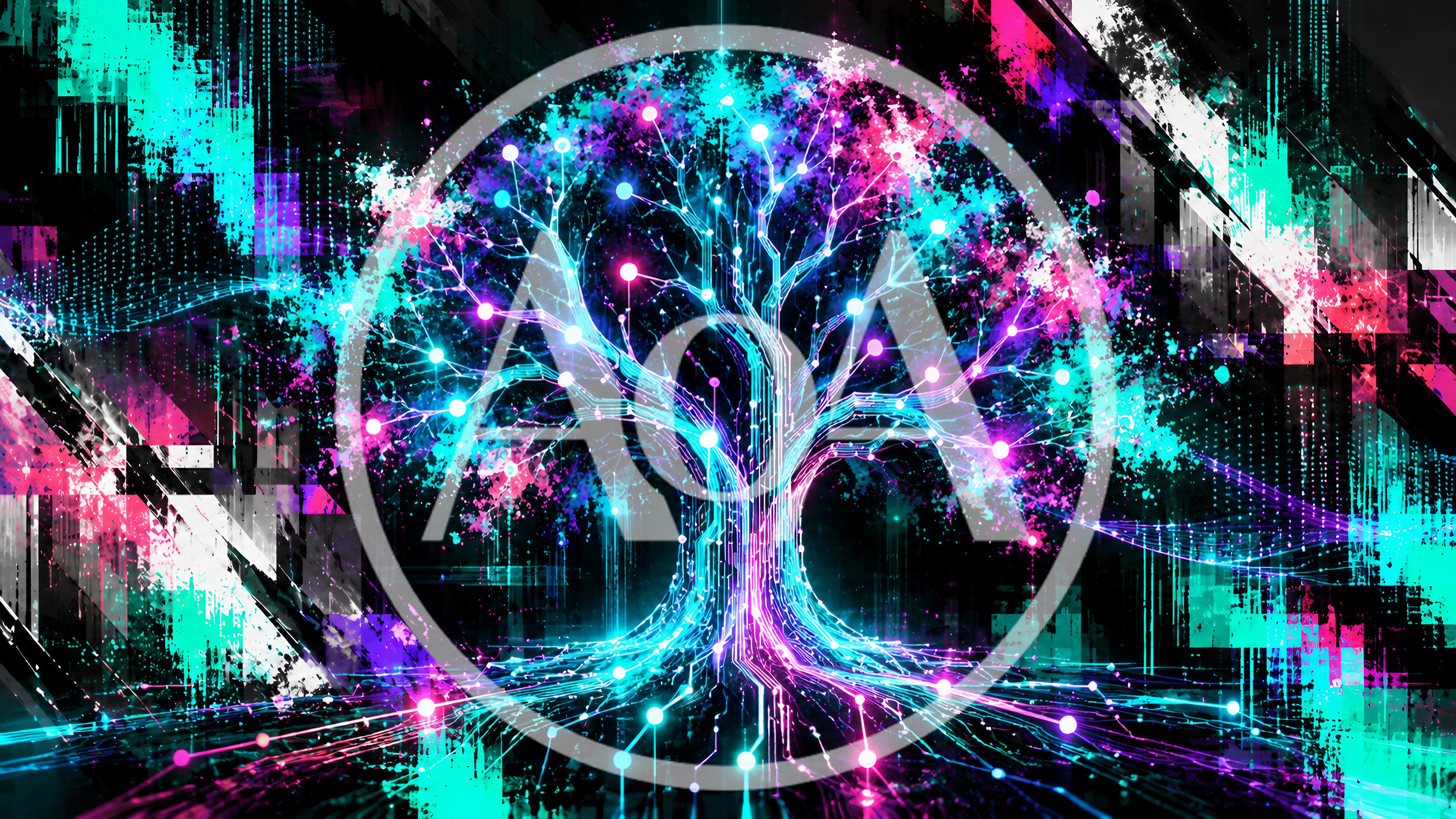 Digital Circuitry Tree With Glowing Neon Nodes