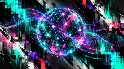 Digital Network Globe With Glitch Art Background
