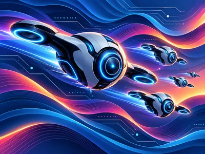 Futuristic Robotic Drones Flying Through Digital Data Streams