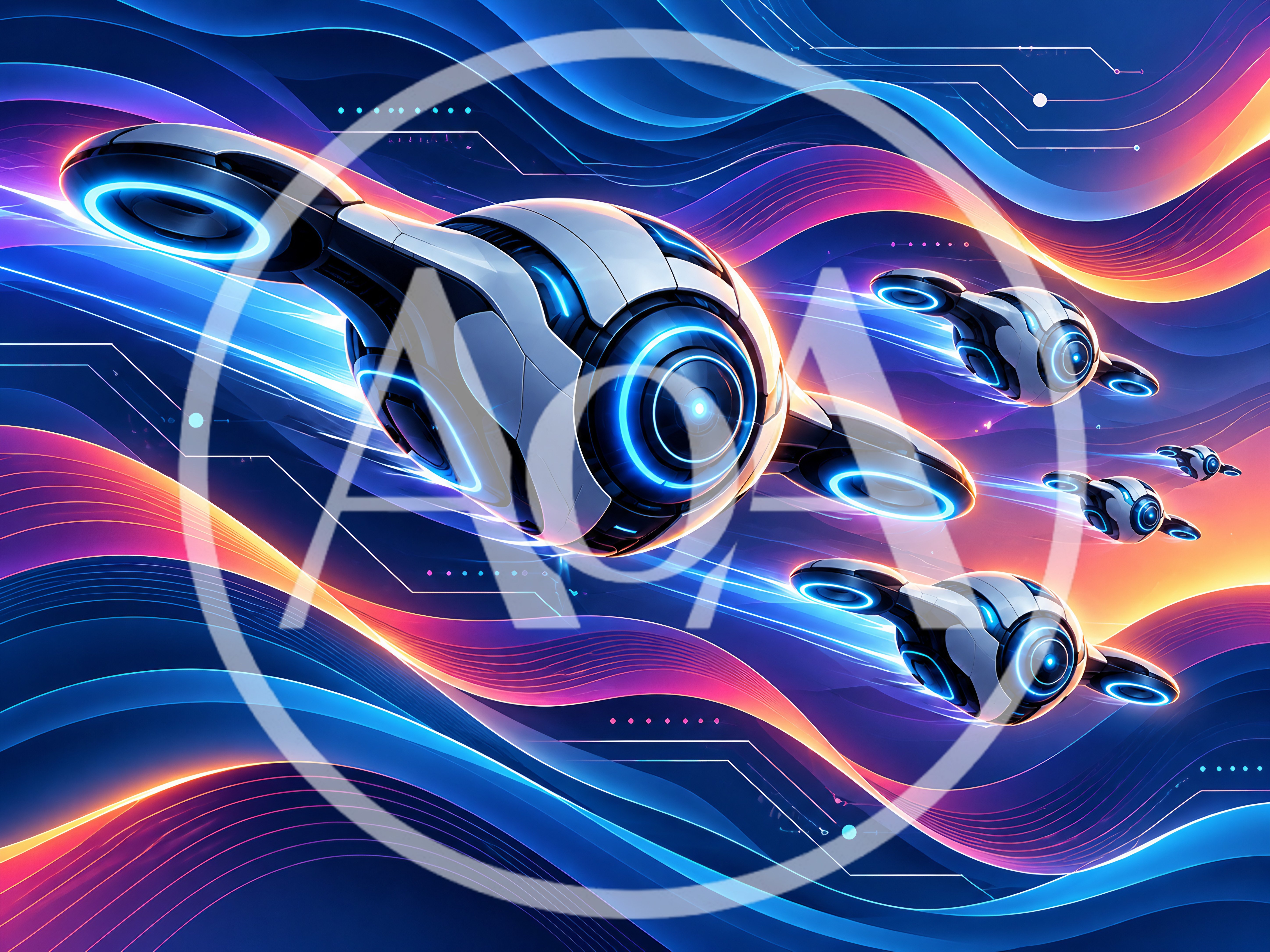 Futuristic Robotic Drones Flying Through Digital Data Streams
