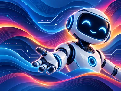 Friendly White Robot Reaching Out In Digital Space