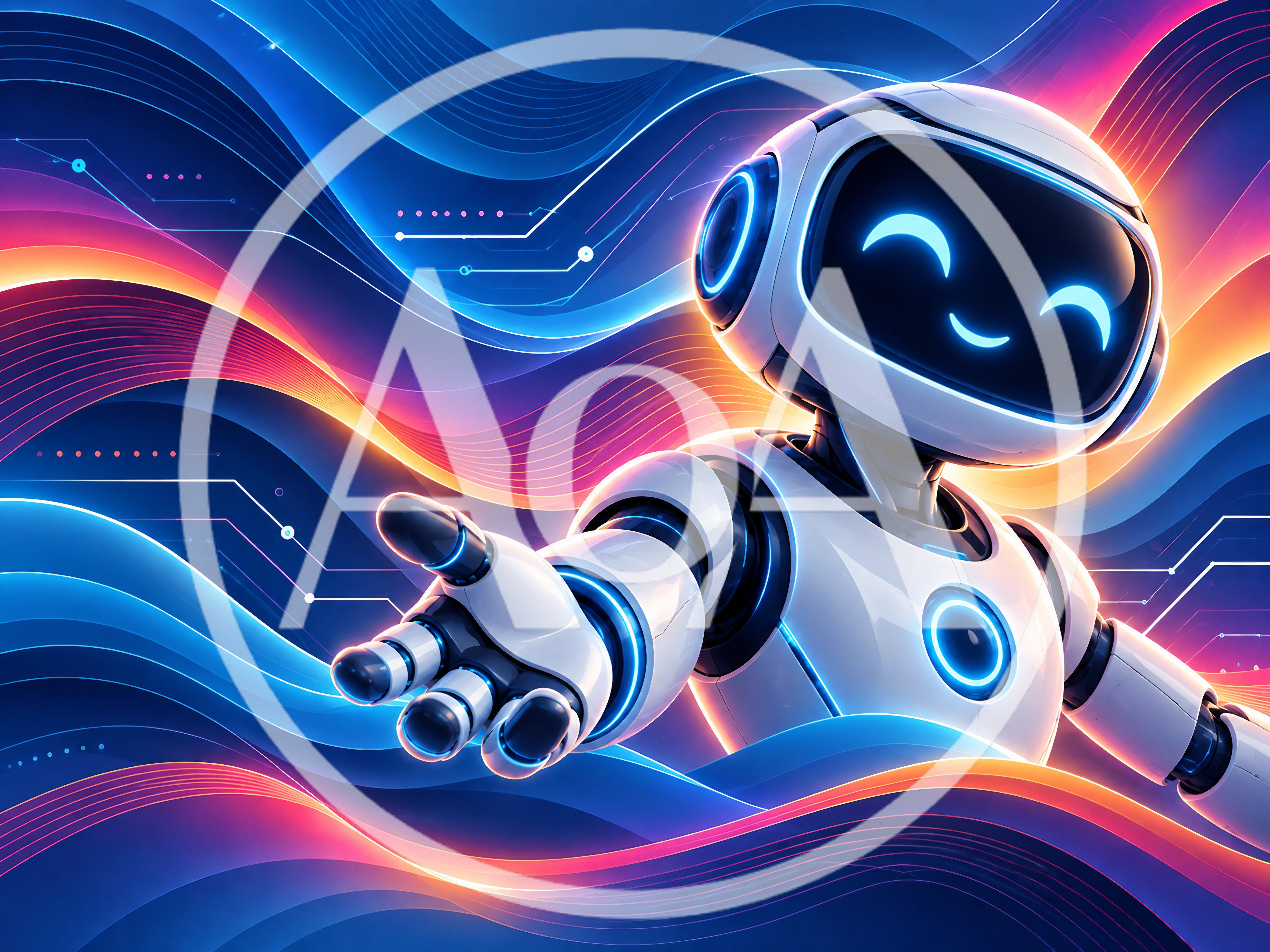Friendly White Robot Reaching Out In Digital Space