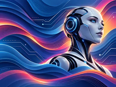 Futuristic Android Portrait With Abstract Digital Waves