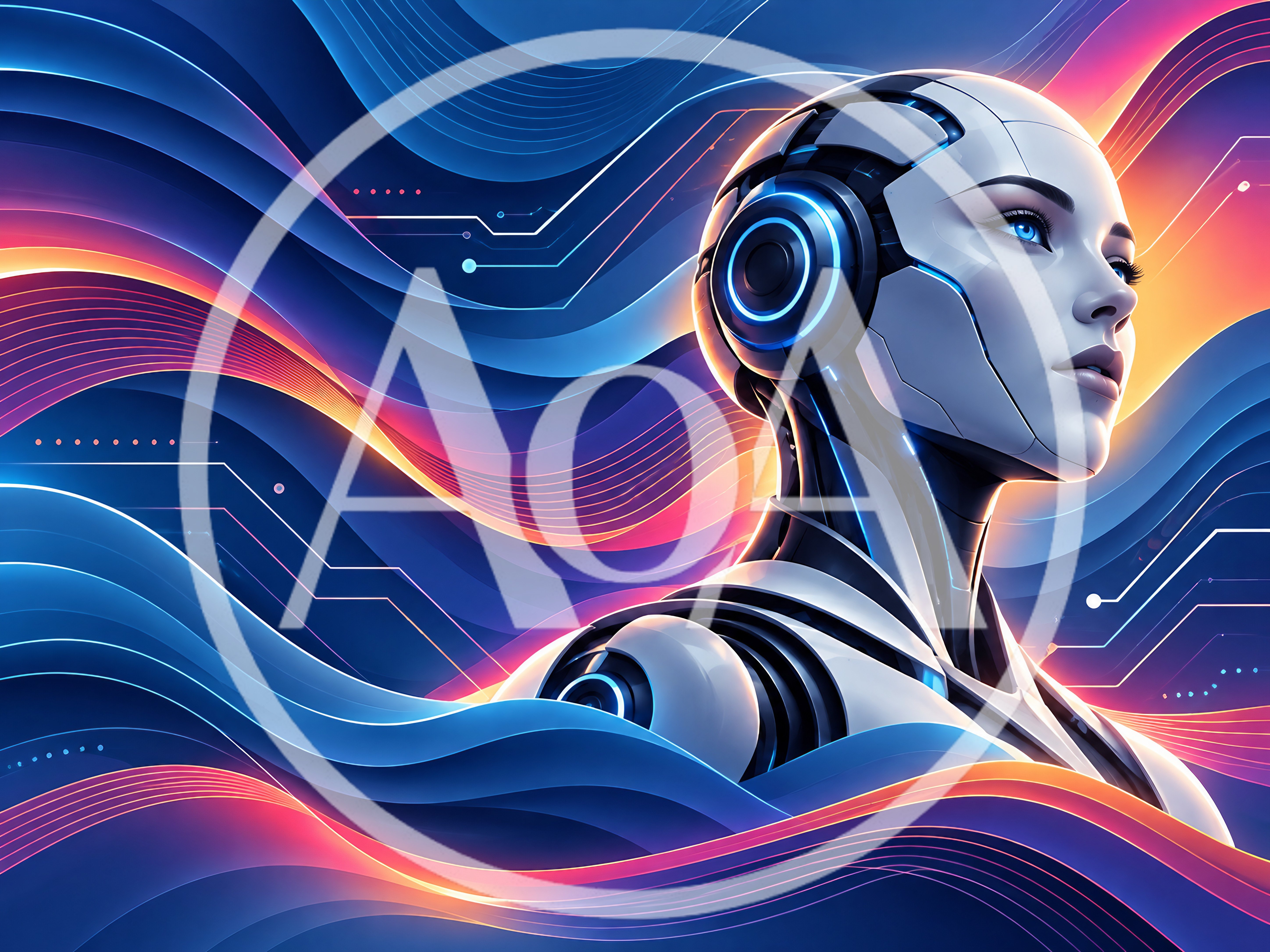Futuristic Android Portrait With Abstract Digital Waves