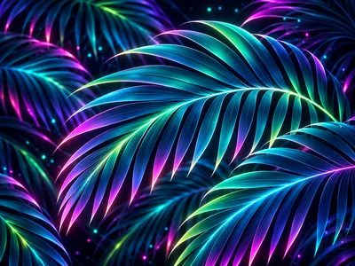 Neon Glowing Tropical Palm Leaves Abstract Background
