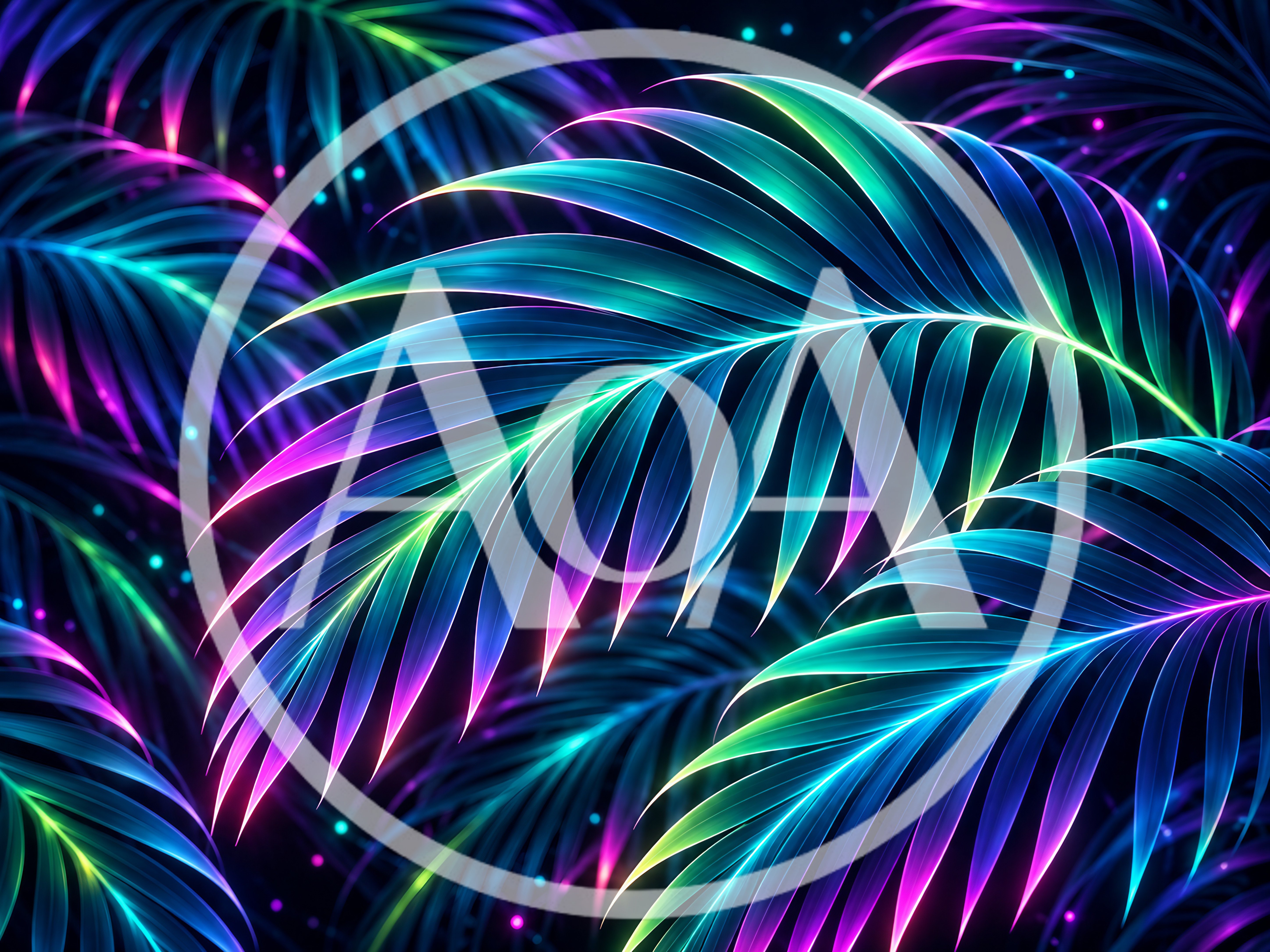 Neon Glowing Tropical Palm Leaves Abstract Background