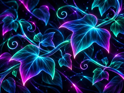 Glowing Neon Ivy Leaves With Vibrant Bioluminescent Vines