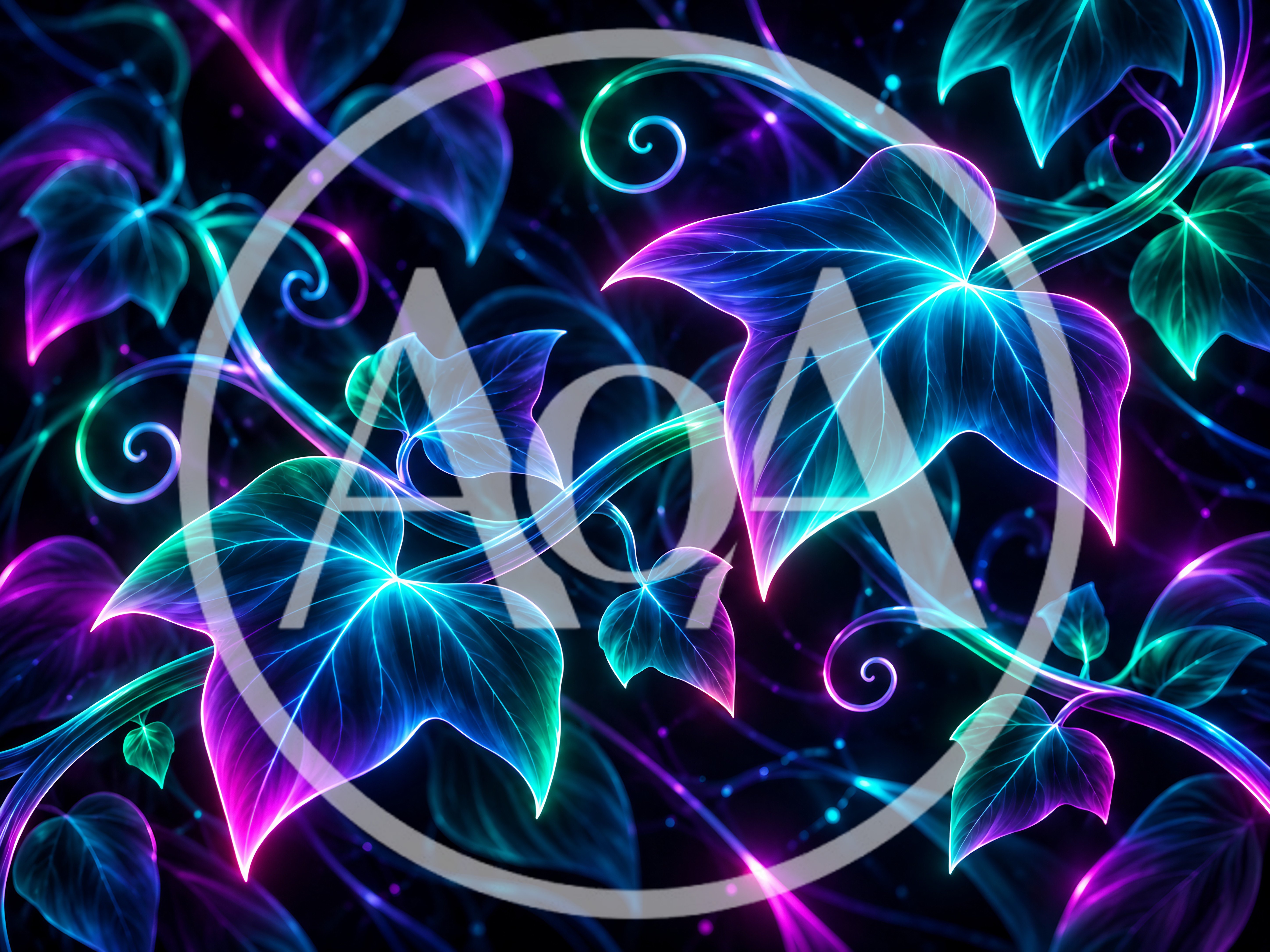 Glowing Neon Ivy Leaves With Vibrant Bioluminescent Vines