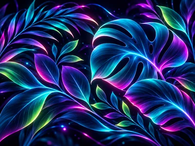 Neon Glowing Tropical Leaves Digital Art Background