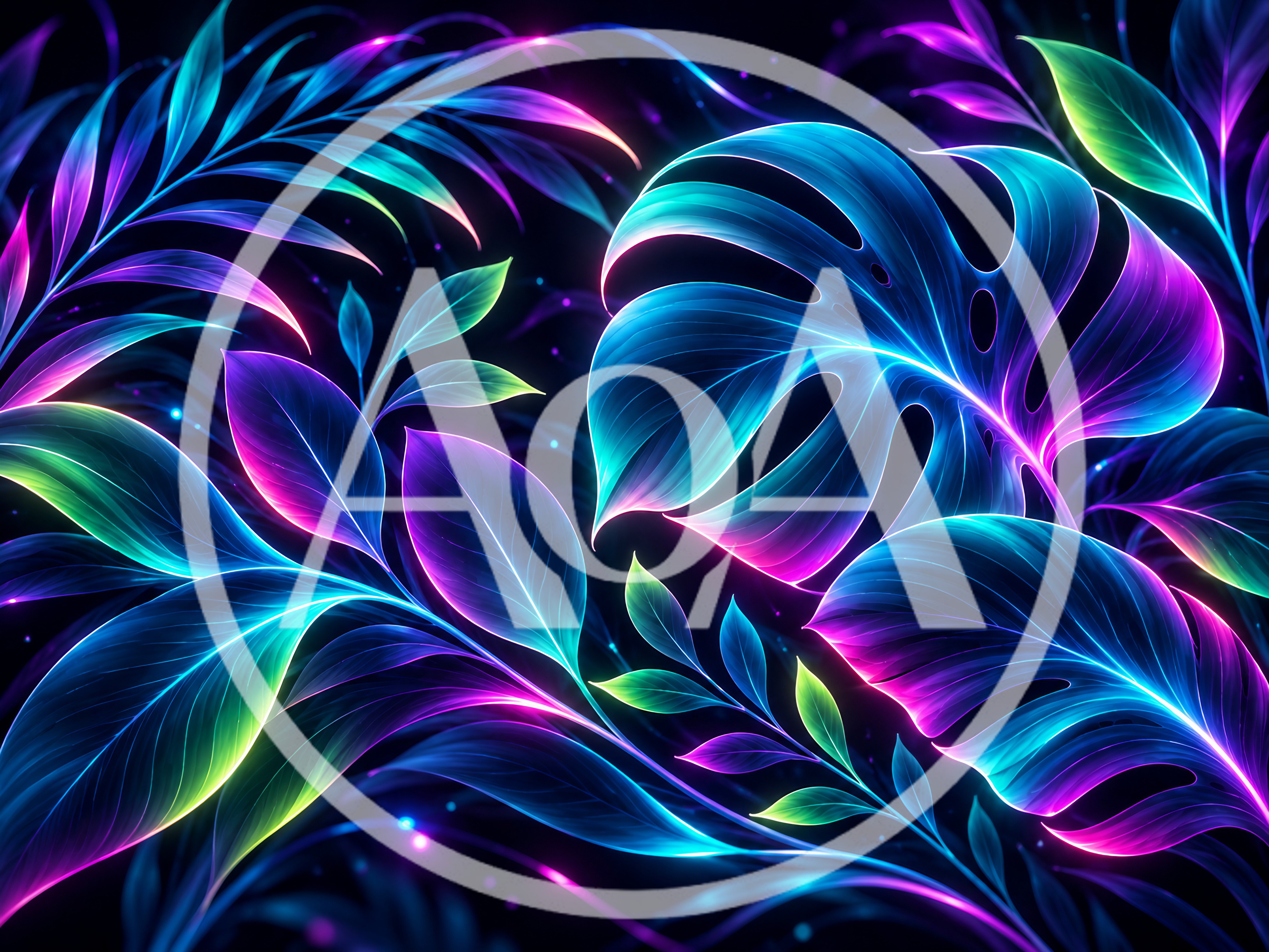 Neon Glowing Tropical Leaves Digital Art Background