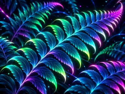 Glowing Neon Fern Leaves Abstract Digital Art