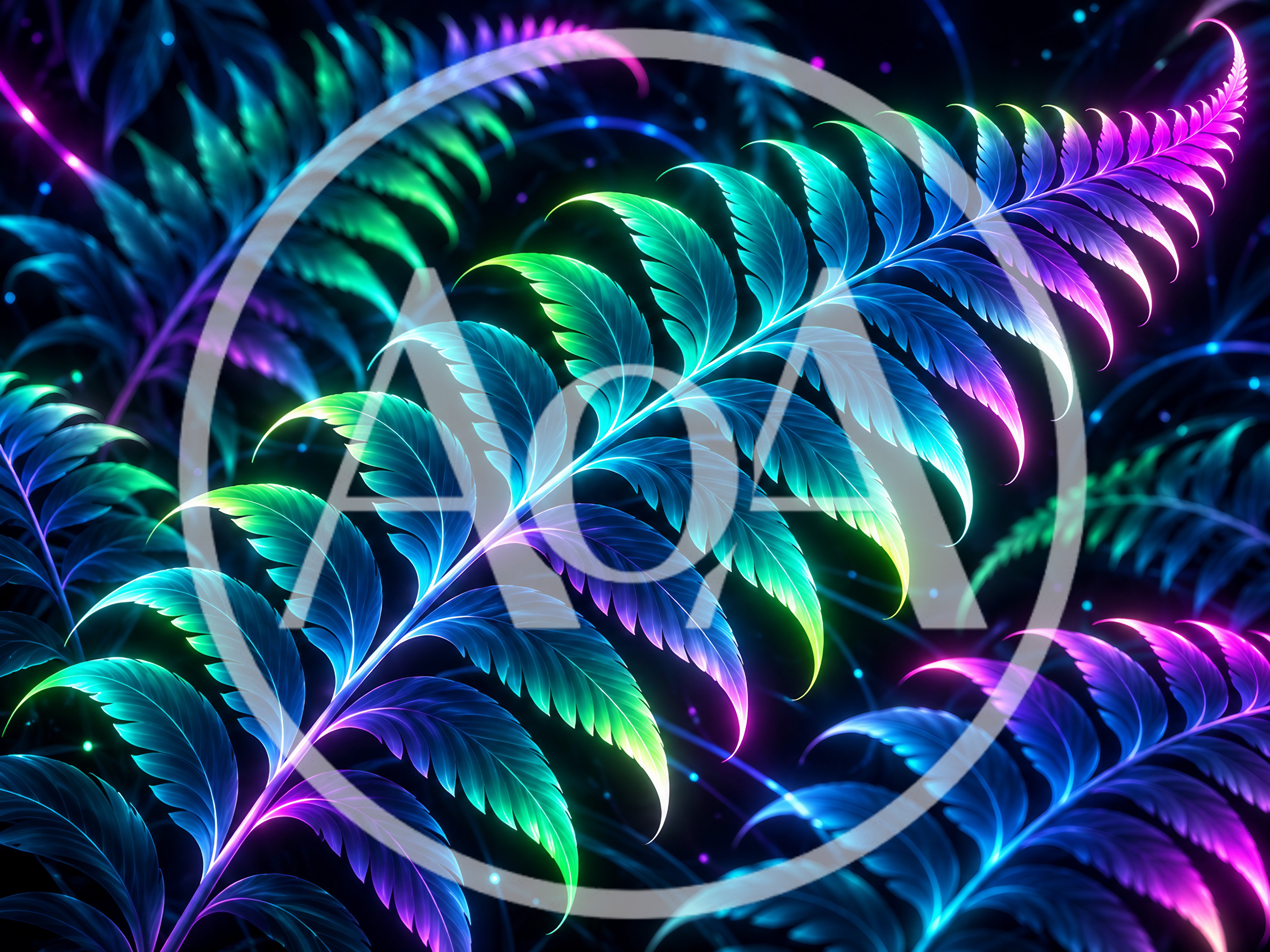 Glowing Neon Fern Leaves Abstract Digital Art