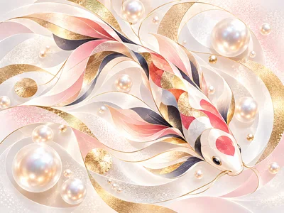 Abstract Koi Fish Swimming Among Floating Pearls